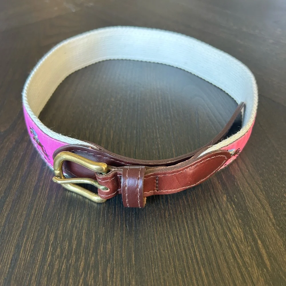 Dover Saddlery Pink and Brown Horse Jumping Canvas Kids Belt With Leather Strap